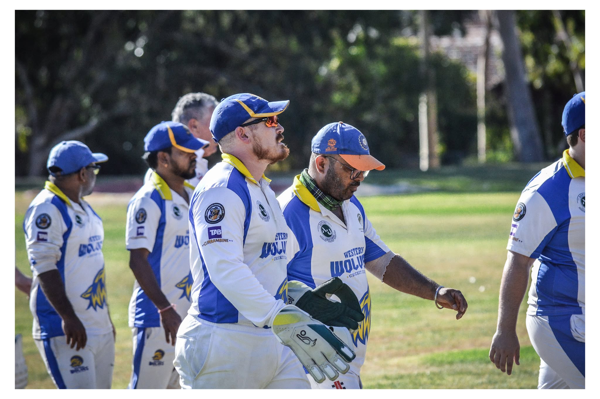 Players walking together on the cricket ground